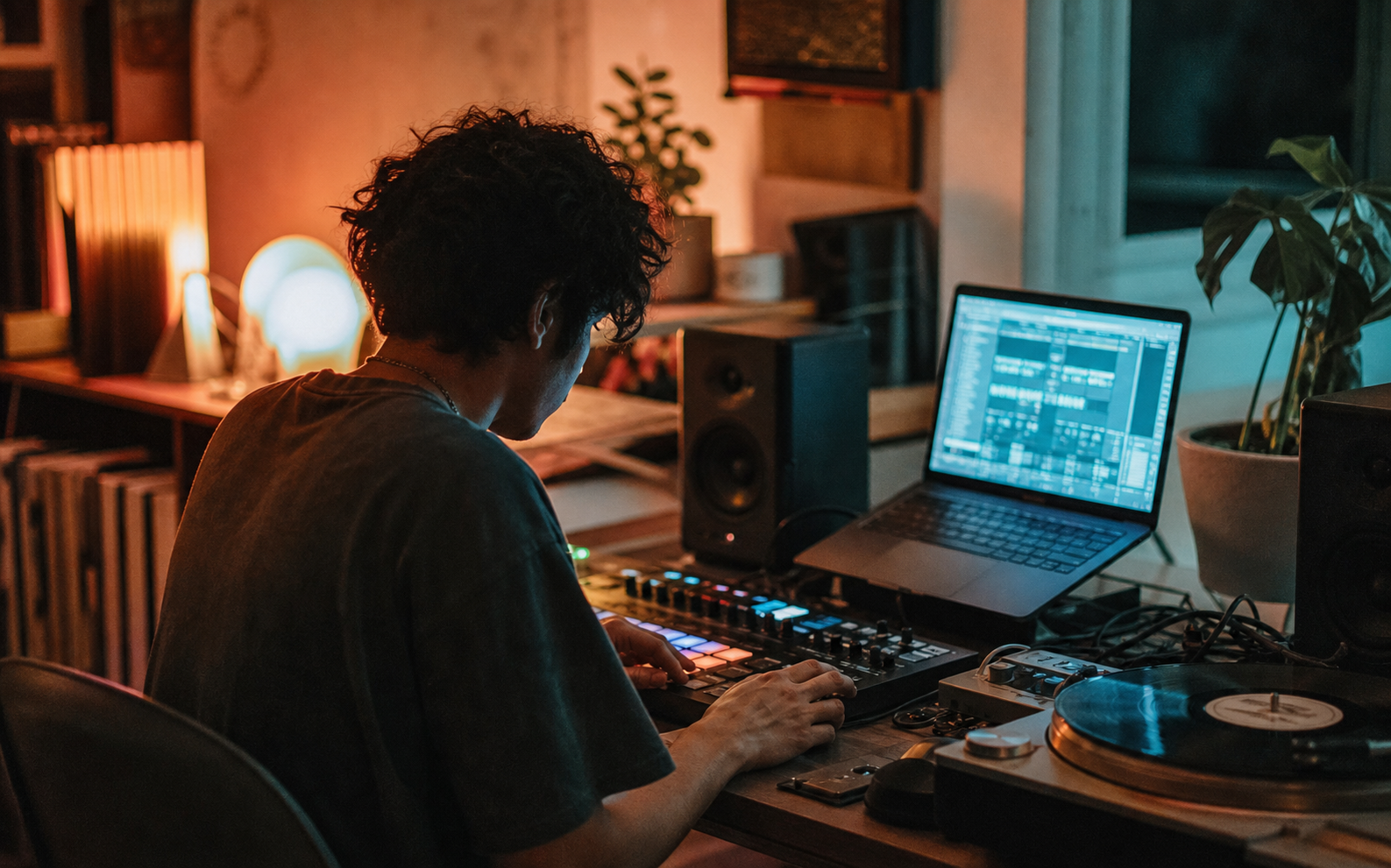 Joven productor de música electrónica trabajando en un estudio casero